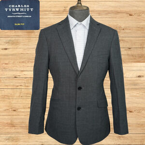 Charles Tyrwhitt Suit Jacket Mens 40S Gray Slim Fit Wool Notch 2 Button Blazer